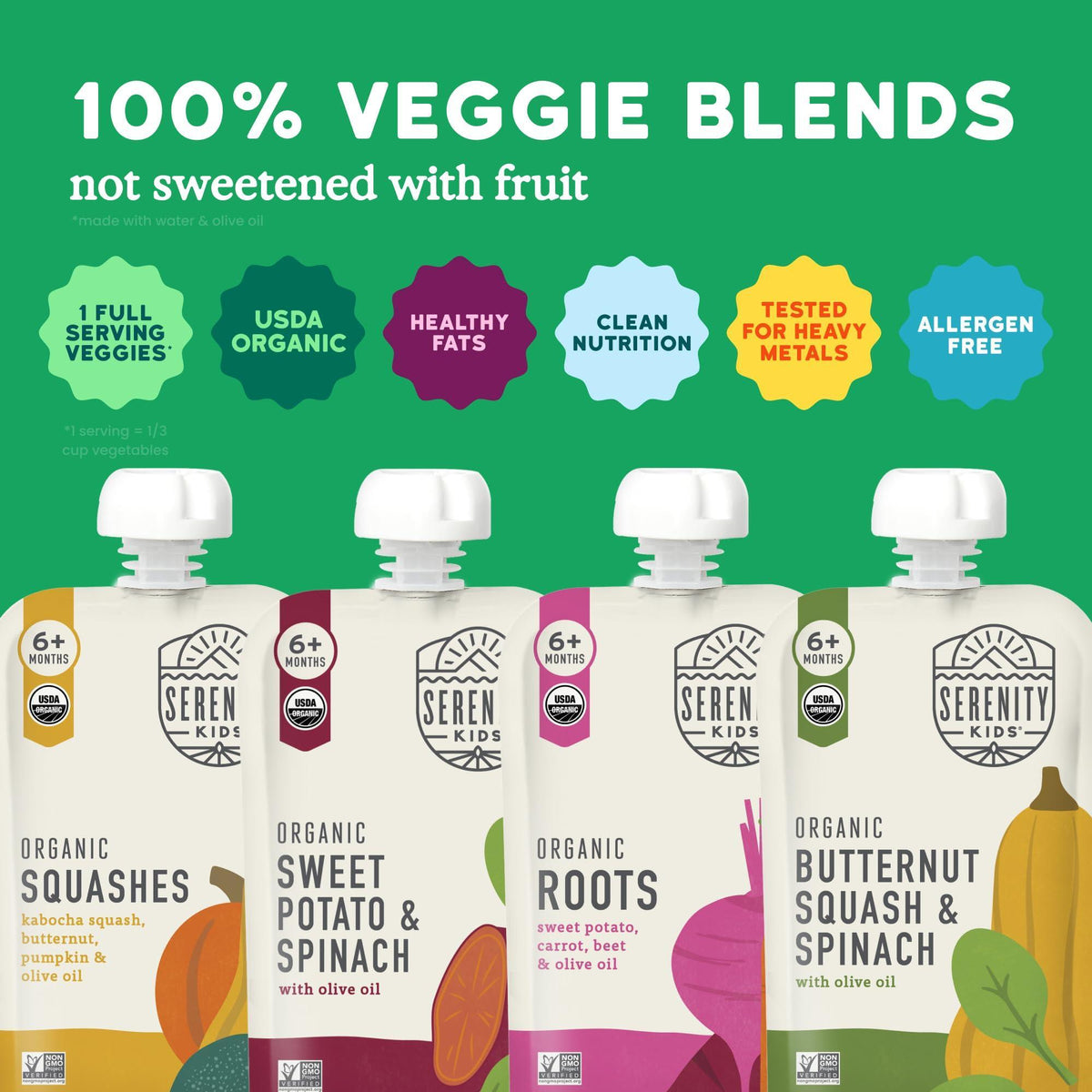 Serenity Kids 6+ Months Veggie Puree Organic Baby Food Pouches - No Added Sugar, Allergen-Free & BPA-Free Baby Snacks - 3.5 Oz, 8 Pack