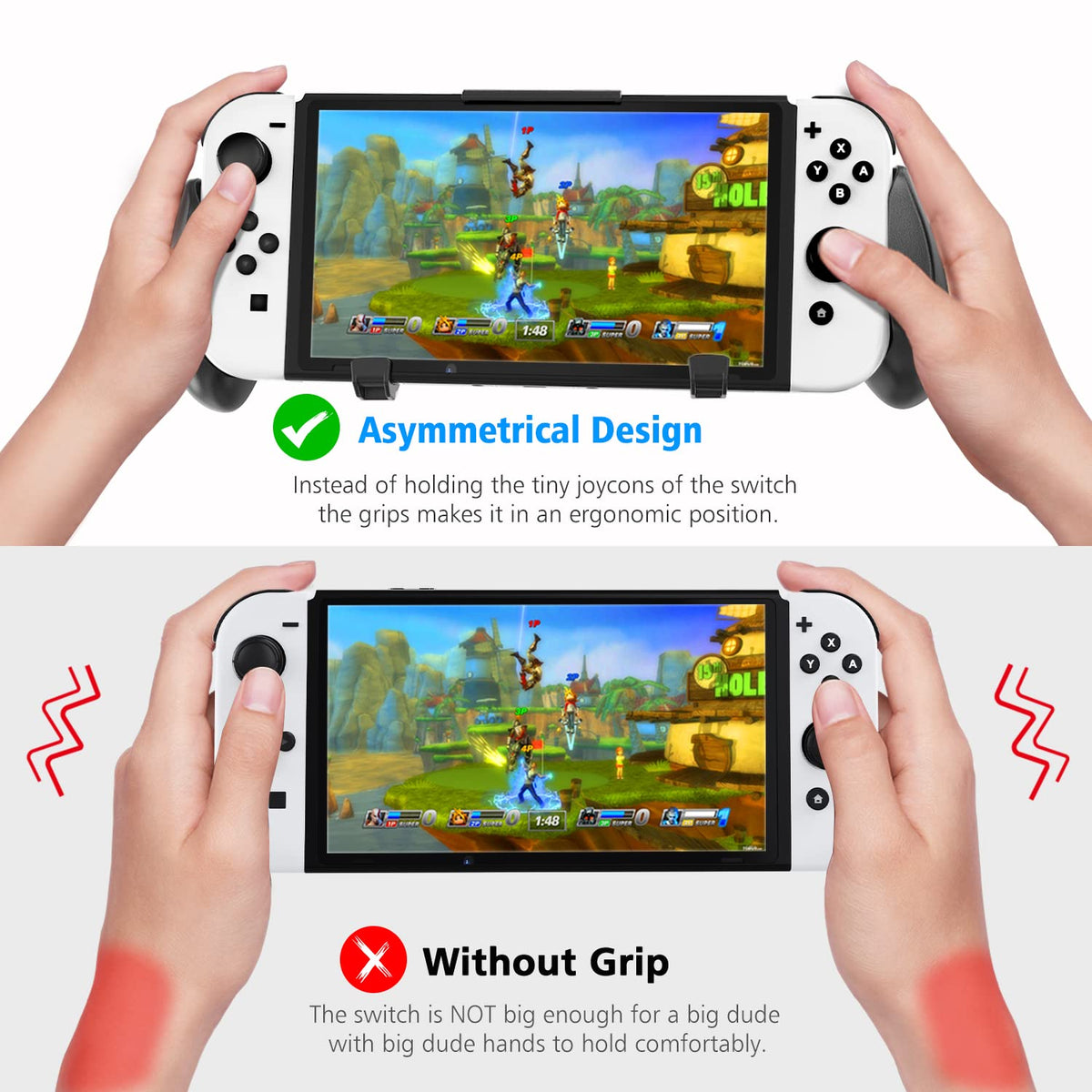 Switch Grip with Upgraded Adjustable Stand, Compatible with Nintendo Switch & OLED, OIVO Asymmetrical Grip with Adjustable Stand and 5 Game Slots-4 Thumb Caps Included