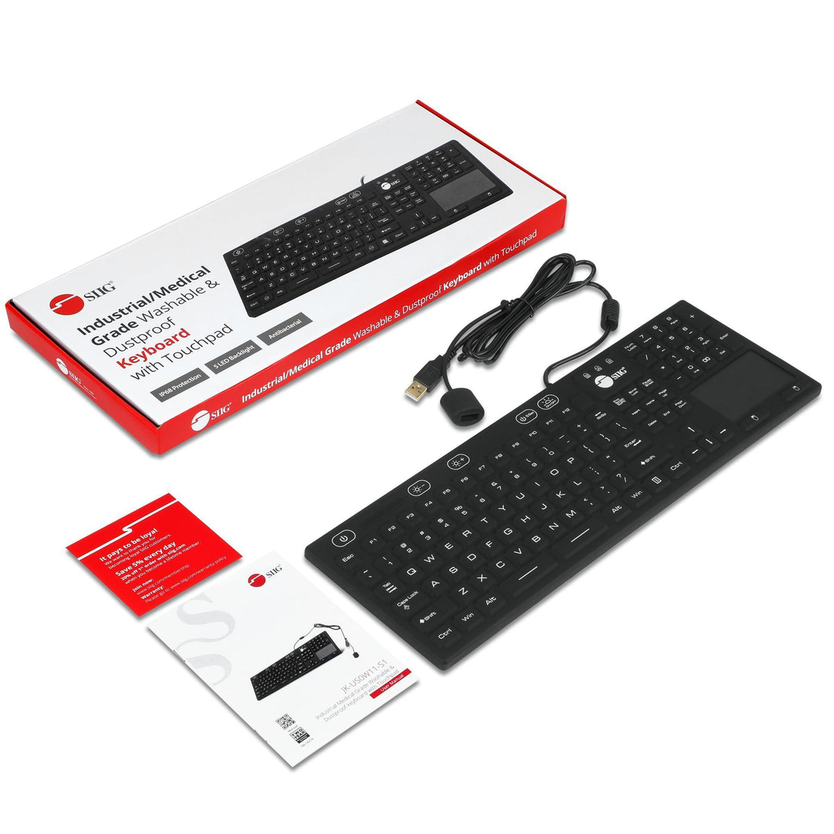 SIIG Wired Silicone Washable USB-A Keyboard with Touchpad, 110-key Layout, Industrial & Medical Grade, Dustproof, IP68 Compliant, 5 Levels Brightness, Silent & Quiet, Windows, Mac (JK-US0W11-S1)