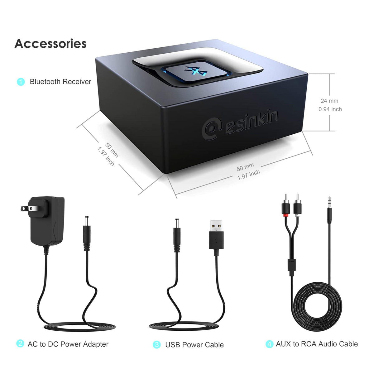esinkin Bluetooth Audio Adapter for Music Streaming Sound System, Wireless Audio Adapter Works with Smartphones and Tablets, Bluetooth Receiver for Home Stereo