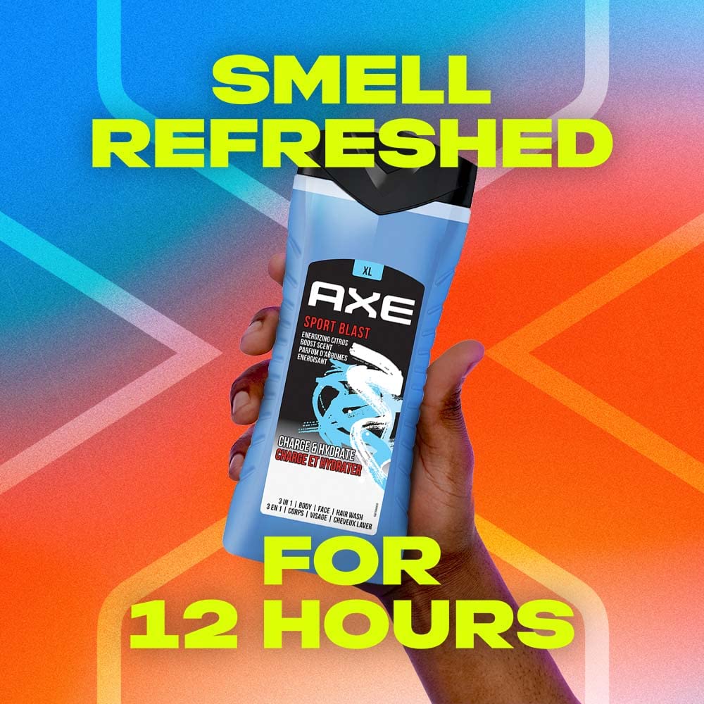 Axe Sports Blast 3 In 1 Body, Face & Hair Wash for Men, Long-Lasting Refreshing & Energizing Citrus Fragrance for Up To 12hrs Removes Odor & Bacteria, No Parabens, Dermatologically Tested, 400ml