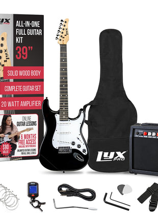 LyxPro Electric Guitar 39 inch inch Complete Beginner Starter kit Full Size with 20w Amp, Package Includes All Accessories, Digital Tuner, Strings, Picks, Tremolo Bar, Shoulder Strap, and Case Bag   Black