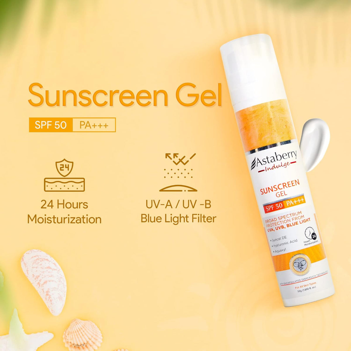 Astaberry Indulge Sunscreen Gel SPF 50 PA+++ |Broad Spectrum protection from UVA/B & Blue Light| Suncat DE & No White Cast | Light Weight & Non Greasy- 50g