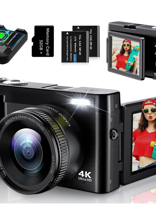 4K Digital Camera for Photography, UHD Autofocus 48MP 180? Flip Screen 16X Zoom Compact Point Shoot Vlogging Camera for YouTube with 2 Batteries, 32GB Card (Black)