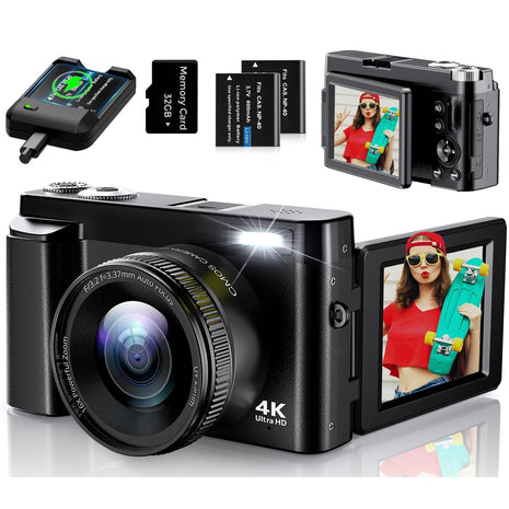 4K Digital Camera for Photography, UHD Autofocus 48MP 180? Flip Screen 16X Zoom Compact Point Shoot Vlogging Camera for YouTube with 2 Batteries, 32GB Card (Black)