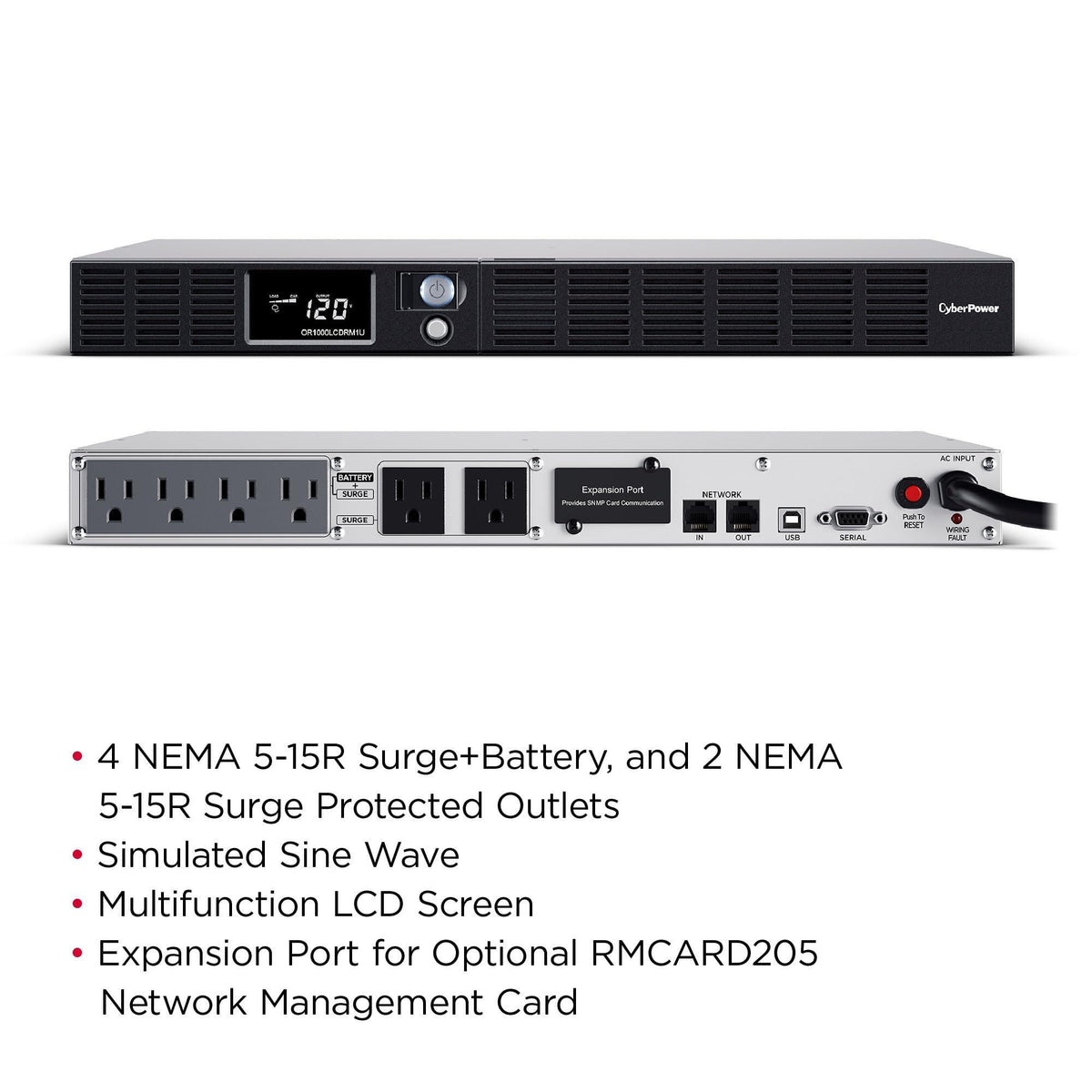 CyberPower OR1000LCDRM1U Smart App LCD UPS Battery Backup and Surge Protector, 1000VA/600W, 6 Outlets, AVR, 1U Rackmount, UL Certified