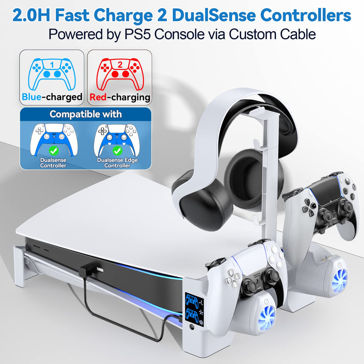 PS5 Horizontal Stand with 3-Level Cooling Fans for PlayStation 5 Console, PS5 Accessories Controller Charging Station for PS5 Edge Controller, PS5 Cooling Station (Not Fit PS5 Slim/PS5 Pro)