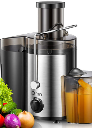 QCen Juicer Machine, 500W Centrifugal Juicer Extractor with Wide Mouth 3??Feed Chute for Fruit Vegetable, Easy to Clean, Stainless Steel, BPA free (Black)