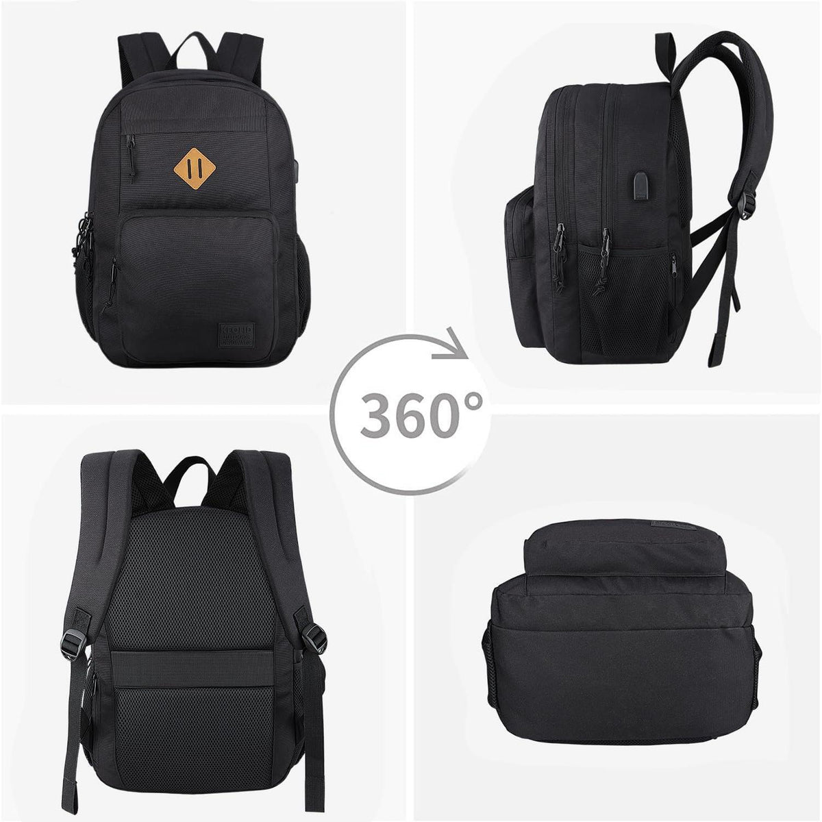 KEOFID Travel backpack for Men and Women, Anti Theft Laptop Backpack with USB Charging Port for Work, Large Bag for College, BLACK BOOK BAG FOR BOYS, GILRS Backpack,Water Resistent(Black)