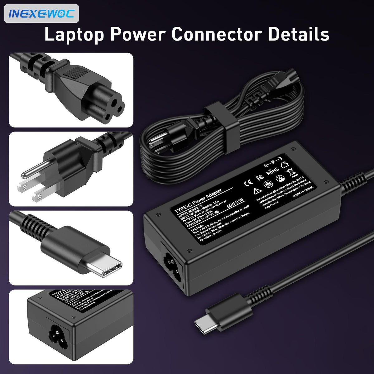 INEXEWOC Universal 65W USB C Laptop Charger Compatible with Lenovo,HP, Dell, Acer, Asus, Samsung, Google and More, for Office, School, and Family