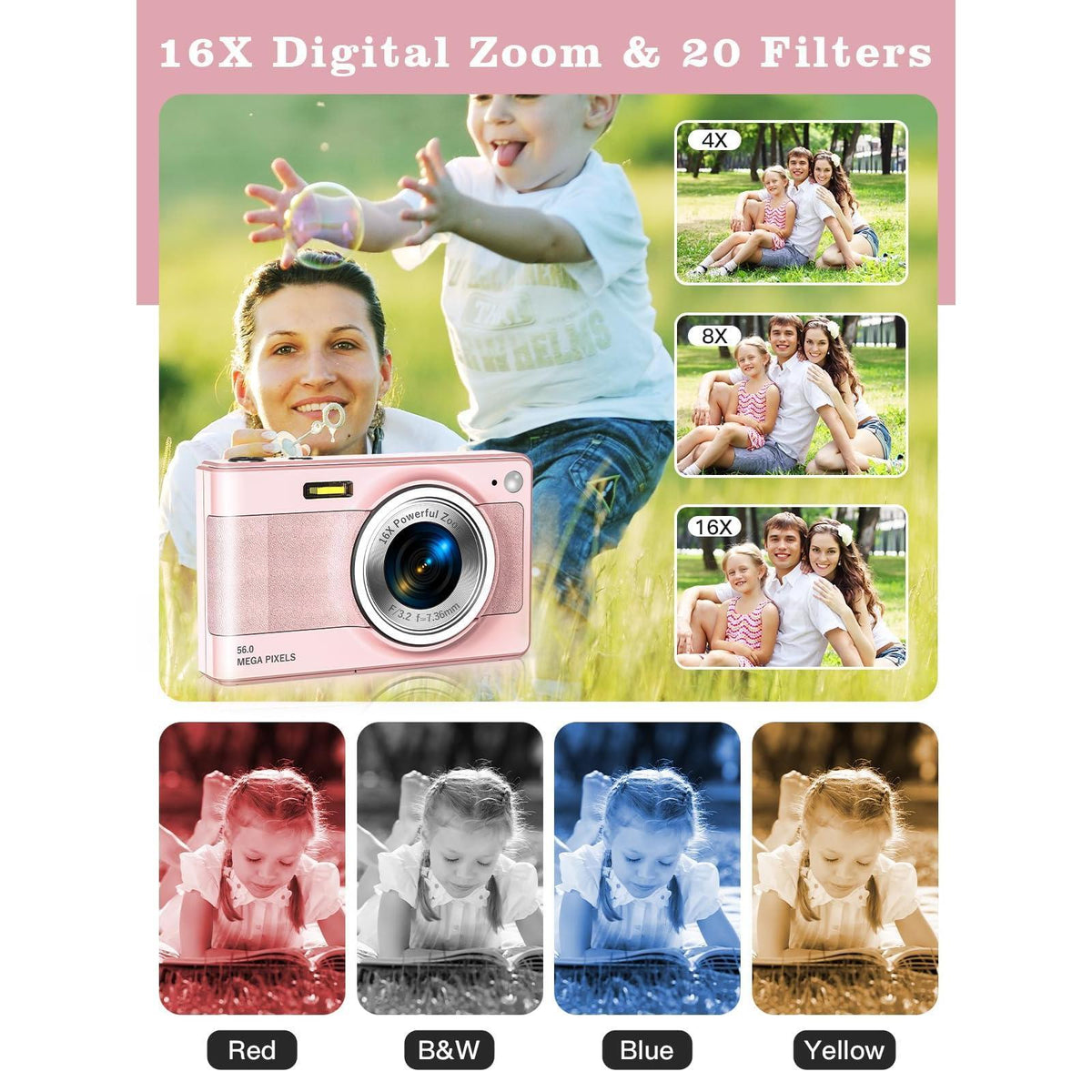 Upgrade Digital Camera, 56MP FHD 1080P Camera for Kids with 16x Zoom Anti Shake, Kid Camera with 32GB TF Card, Two Batteries, Lanyard, Compact Small for Kids Boys Girls（Pink）