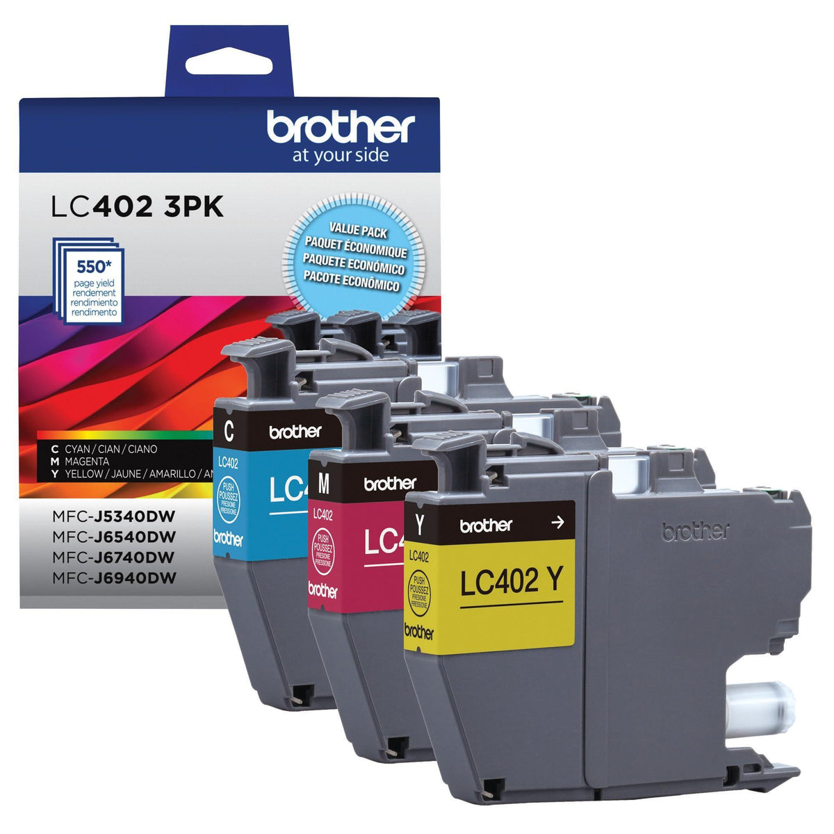 Brother Genuine LC402 3PK 3-Pack of Standard Yield Cyan, Magenta and Yellow Ink Cartridges, Black