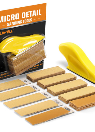 POLIWELL Micro Sander Kit 3.5" x 1" Mini Sander for Small Projects, Detail Handle Sanding Tools + Sandpaper 80 120 180 240 400 Grit for DIY Crafts Wood Finishing Tight Narrow Spaces Polishing, 50 PCS