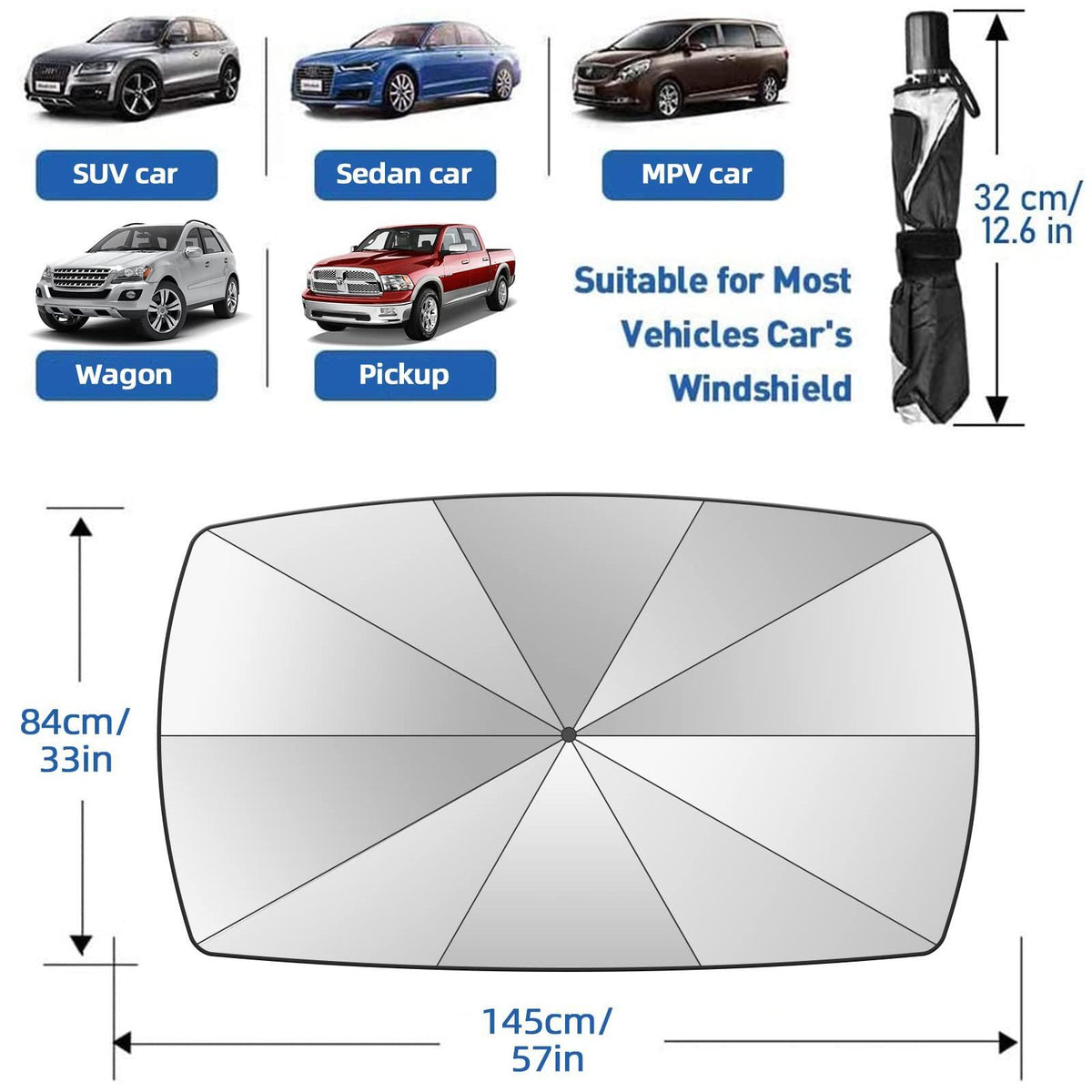 2025 Windshield Sun Shade Umbrella, Foldable Car Umbrella Sunshade with UV Block Car Front Window (Heat Insulation Protection) for Auto Windshield Covers Trucks Cars (Large)