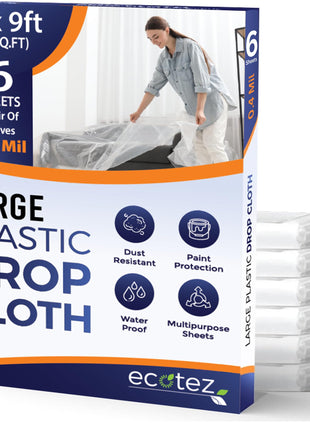 6 Pack 12 x 9 ft Extra Large Plastic Drop Cloth for Painting | Light & Durable Tarp Cover for Furniture Plastic Clear Tarp Waterproof - Paint Floor Covering - Painters Drop Cloth Sheeting