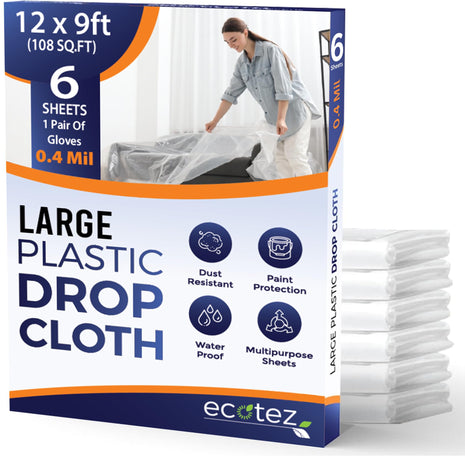 6 Pack 12 x 9 ft Extra Large Plastic Drop Cloth for Painting | Light & Durable Tarp Cover for Furniture Plastic Clear Tarp Waterproof - Paint Floor Covering - Painters Drop Cloth Sheeting
