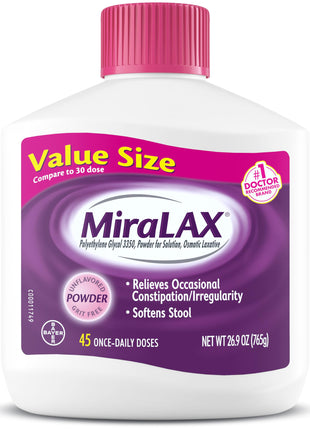 MiraLAX, Laxative Powder, Gentle Constipation Relief for Adults, Stool Softener with PEG 3350, Nonstimulant Laxative, No Harsh Side Effects, Osmotic Laxative, 45 Count