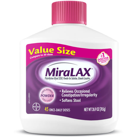 MiraLAX, Laxative Powder, Gentle Constipation Relief for Adults, Stool Softener with PEG 3350, Nonstimulant Laxative, No Harsh Side Effects, Osmotic Laxative, 45 Count