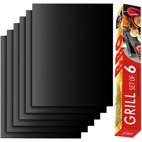 Grill Mat Set of 6, Non-Stick, 15.75 x 13 Inch, Black | Reusable Mats for Gas, Charcoal, or Electric Grills, Easy to Clean