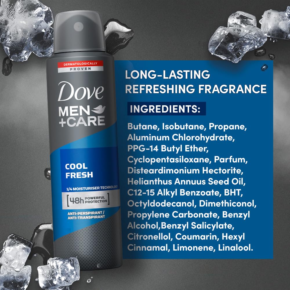 Dove Men+Care Cool Fresh Dry Spray Antiperspirant Deodorant, Up To 48 hrs Protection From Sweat & Odour, Instantly Dry for Cleaner Feel, Dermatologically Proven Formula, Soothes & Moisturises Skin, Clean, Refreshing Scent, 150ml (Pack of 3)