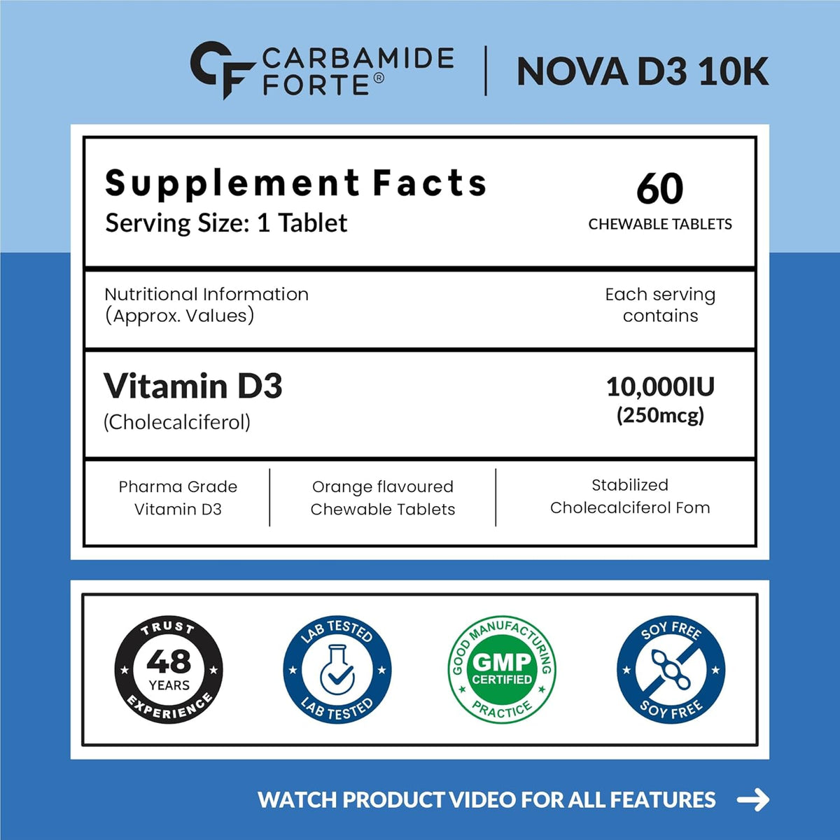 Carbamide Forte Vitamin d3 10000iu | Chewable Vitamin D Tablets | D3 Supplement for Bone & Immunity | Vitamin D3 Supplement for Women & Men | Orange Flavour - 60 Tablets