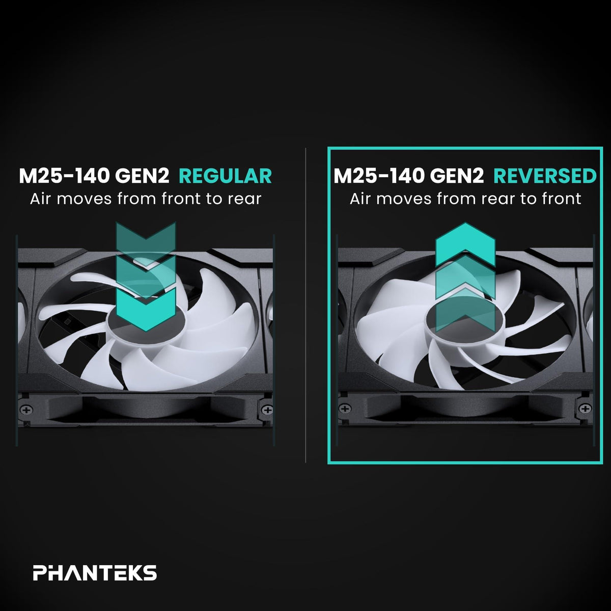 Phanteks M25-140 Gen2 Reversed Blade Triple Pack, 3X 140mm ARGB High Performance Cooling Fans, Daisy-Chain Unified Fan Frame, Infinity Mirror hub, Single Cable Connection, Black