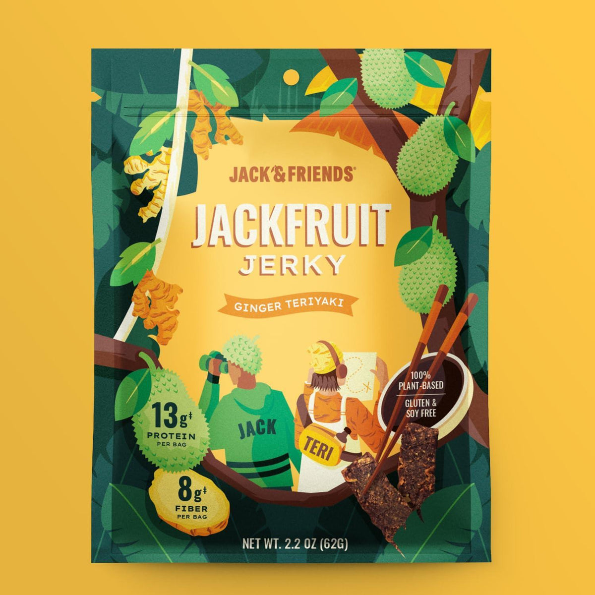 Jack & Friends Jackfruit Jerky - Ginger Teriyaki - 13g Protein - 8g Fiber - 100% Plant Based Jerky - Gluten Free - Soy Free - Vegan - Low Sugar - All Natural Ingredients - 2.2 Oz (Pack of 1)