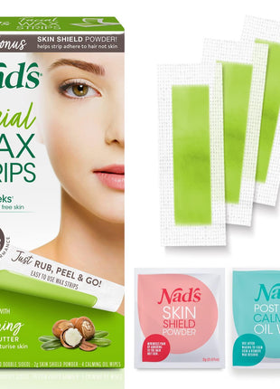 Nad's Facial Wax Strips - Hypoallergenic All Skin Types - Facial Hair Removal For Women - At Home Waxing Kit with 20 Face Wax Strips + 4 Calming Oil Wipes + Skin Protection Powder