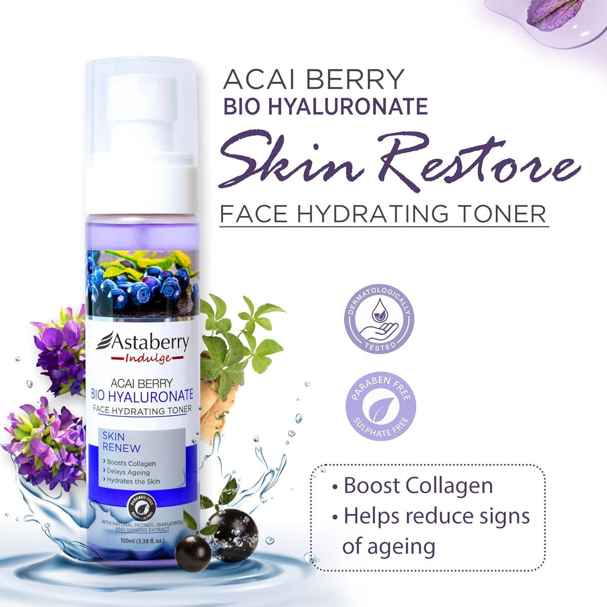 Astaberry Indulge Acai Berry Bio Hyaluronate Face Hydrating Toner 100ml - Boosts Collagen | Soothes and Clarifies | Hydrates the Skin