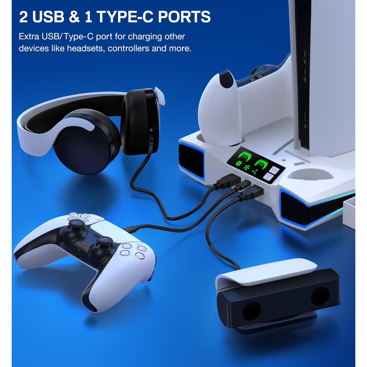 LIFUFUTEE PS5 Stand, PS5/Slim/Pro Cooling Station with 2.36in Cooling Fan, Controller Charger Station for PS5 Accessories, Light, Headset Holder, 3 Charger Ports for PlayStation 5 Slim/Pro Console
