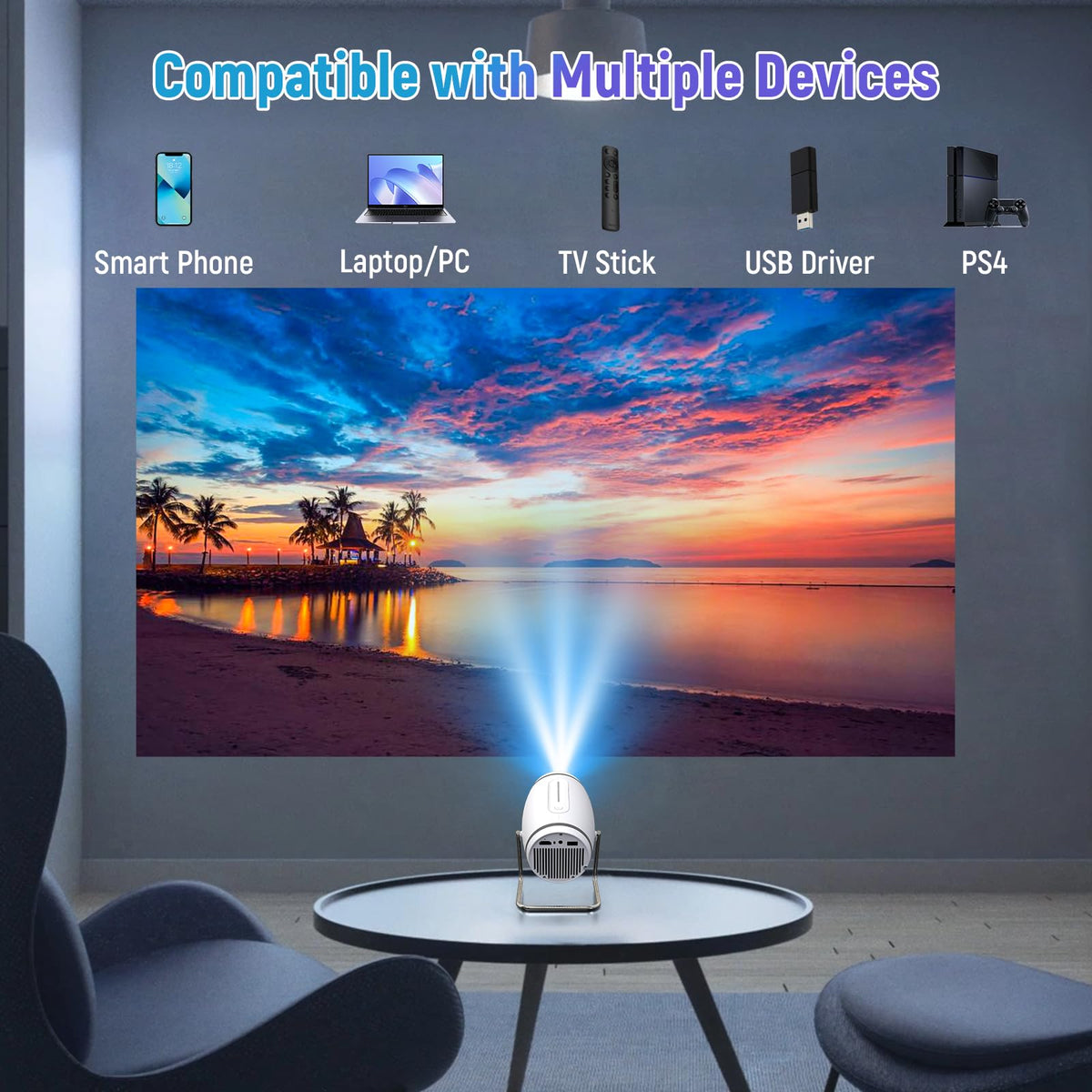 FEARWIKY Mini Portable Movie Projector with WiFi and Bluetooth, 4K 1080P Support, 180° Rotatable 130'' Screen, Auto Keystone Compatible with HDMI/USB/Smartphone/PC/Laptop