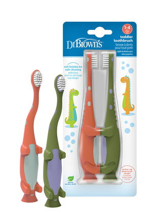 Dr. Brown's Baby and Toddler Toothbrush, Green and Orange Dinosaur 2-Pack, 1-4 Years