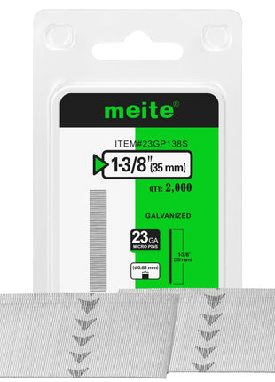 meite 23 Gauge Pin Nails, 1-3/8 Inch Micro Headless Pins - Galvanized 23GA Pins Nails for Nail Gun, Ideal for Fine Woodworking and Trim Work (2,000 Counts)