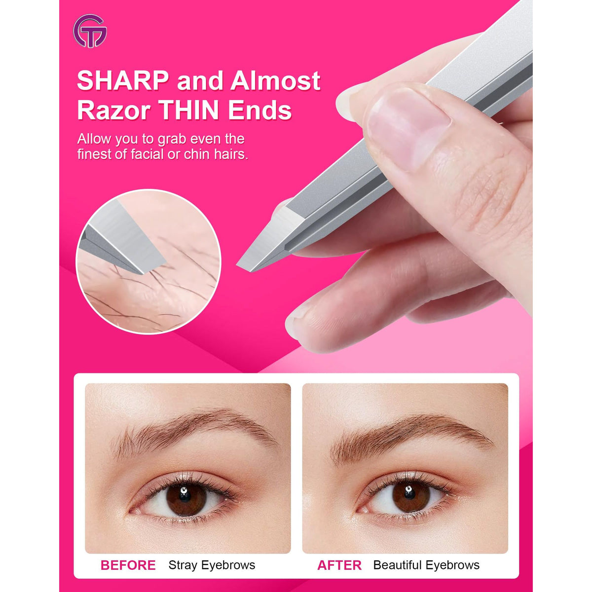 Expert Slant Tip Tweezers with Leather Case, GlamTweeler Sharp & Precision Stainless Steel Tweezer for Eyebrows, Facial Hair and Fine Hairs Removal (Silver)