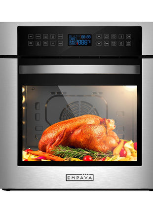 Empava 24 inch Electric Convection Single Wall Oven 10 Cooking Functions Deluxe 360? ROTISSERIE with Sensitive Touch Control in Stainless Steel, Silver