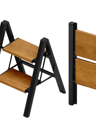 Taranta 2 Step Ladder,Aluminum Lightweight Folding 2 Step Stool with Anti-Slip Wide Pedal, 330lbs Capacity Step Ladder for Household,Kitchen,Office - BlackWoodgrain