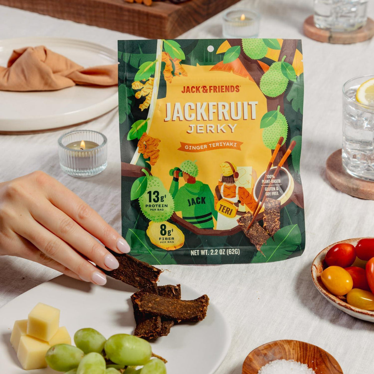 Jack & Friends Jackfruit Jerky - Ginger Teriyaki - 13g Protein - 8g Fiber - 100% Plant Based Jerky - Gluten Free - Soy Free - Vegan - Low Sugar - All Natural Ingredients - 2.2 Oz (Pack of 1)