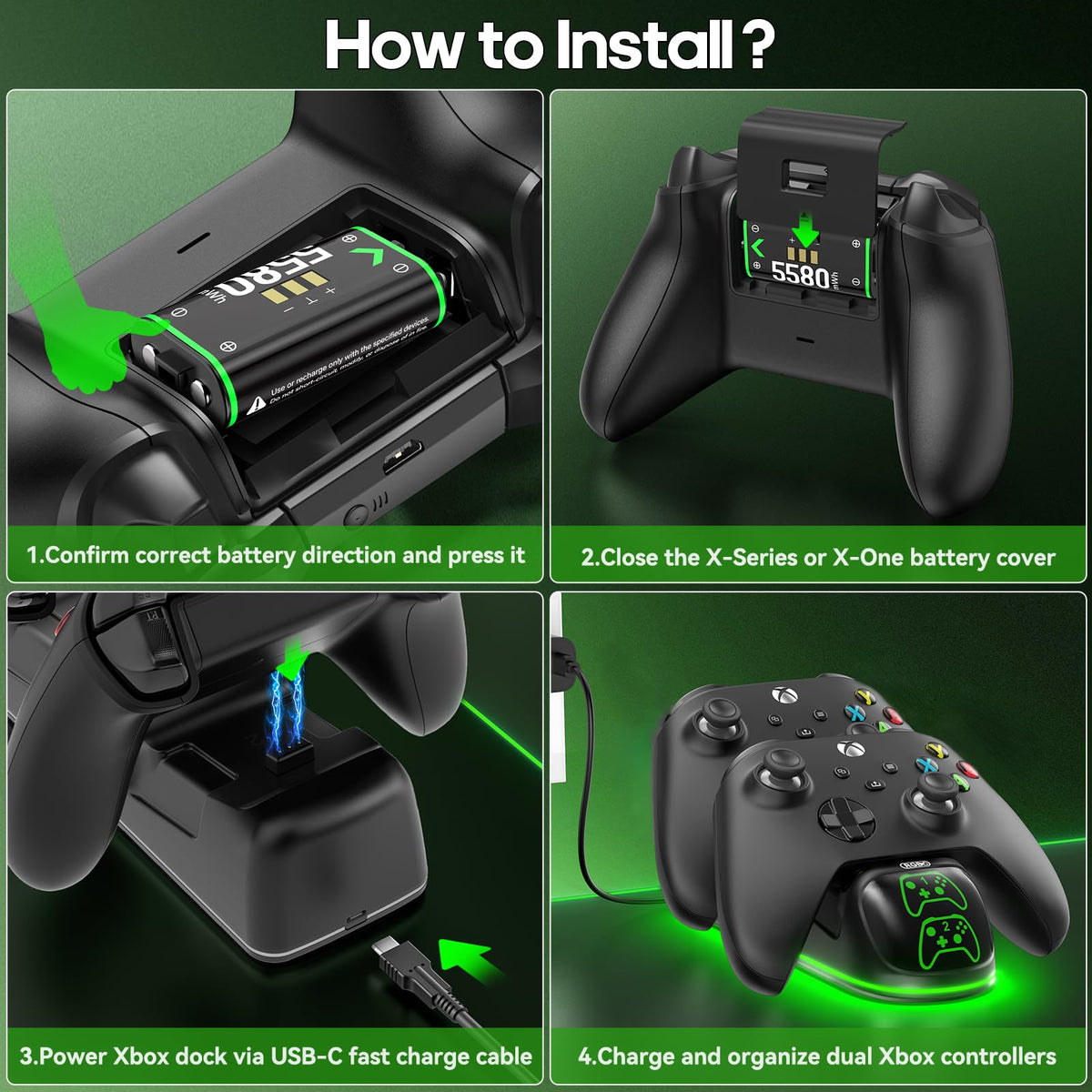 OIVO XSX Controller Charger Station with 2 Packs 5580mWh Rechargeable Battery for Xbox Series X/S/One/Elite/Core Controller, Charging Dock for Xbox with 4 Packs Covers