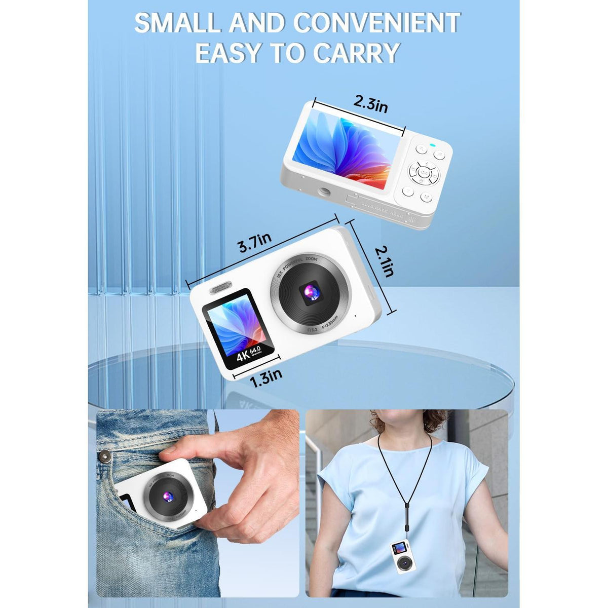 WABL Digital Camera, 4K 64MP UHD Dual Screens Camera, 18X Zoom, Portable Small Point and Shoot Digital Cameras with 64GB TF Card, 2 Rechargeable Batteries for Kids, Teens, Adult, Selfies, Gifts- White