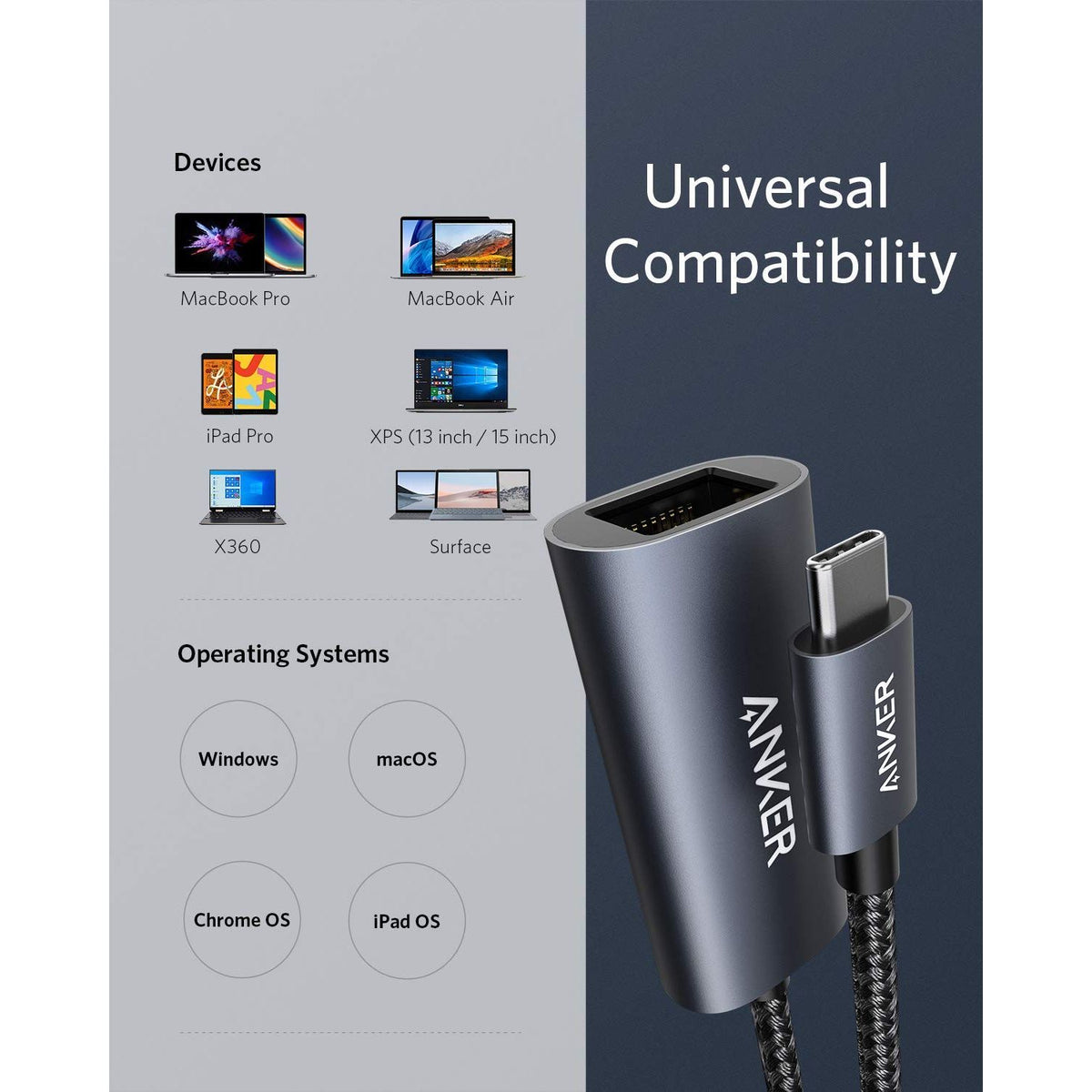 Anker USB C 3.0 to Ethernet Adapter, Portable 1-Gigabit Network Hub, 10/100/1000 Mbps, for MacBook Pro, iPad Pro 2019/2018, ChromeBook, XPS, Galaxy S9/S8, and More
