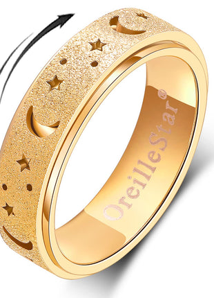 OreilleStar Anxiety Ring for Women Spinner Ring Stainless Steel Fidget Toys Adults Fidget Spinner Ring Fidgit Ring (Moon Star-Gold, 8)