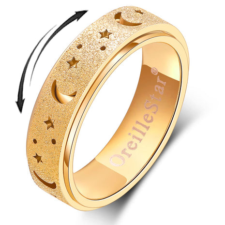 OreilleStar Anxiety Ring for Women Spinner Ring Stainless Steel Fidget Toys Adults Fidget Spinner Ring Fidgit Ring (Moon Star-Gold, 8)