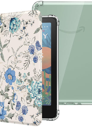 MoKo Case for All-new 7 inch Kindle Paperwhite 12th Gen 2024&Kindle Colorsoft Signature Edition 2024,Ultra Clear Soft Flexible Transparent TPU Back Cover Light Shell with Auto Wake/Sleep,White Blue Floral