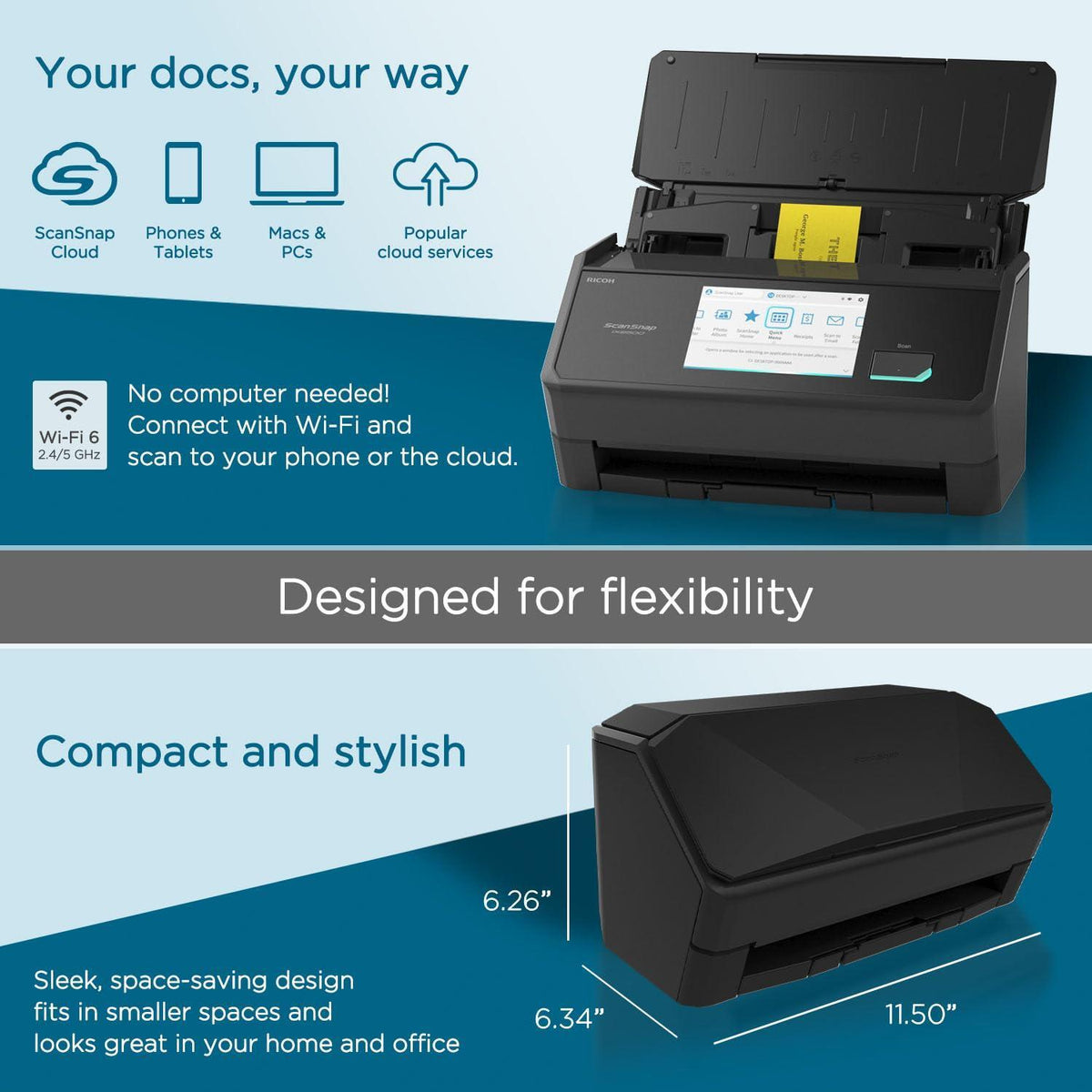 ScanSnap iX2500 Wireless or USB High-Speed Cloud Enabled Document, Photo & Receipt Scanner with Large Touchscreen and 100 Page Auto Document Feeder for Mac or PC, Black