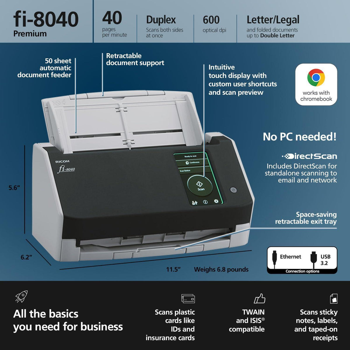 RICOH fi-8040 Premium Fast Front Office & Desktop Document, Receipt, ID Card Scanner with 50 Page Auto Feeder and PC-Less DirectScan Network Scanning Capability with 4-Year Advance Exchange Warranty
