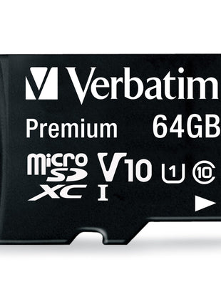 Verbatim 64GB Premium MicroSDXC Memory Card with Adapter UHS-I V10 Class 10 Supports Full HD (1080p) U1 Speed Rated Up to 90MB/s Read Speed