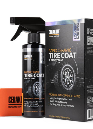 CERAKOTE Rapid Ceramic Tire Coat – Showroom New Tire Shine – Deep Tire Black Finish – Lasts Up to 10x Longer – No Sling, Non-Greasy Ceramic Tire Coating for Car, Truck & SUV – Easy Application (10oz)