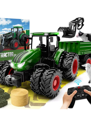 Uarzt Remote Control Tractor Toy with Trailer | Metal Front & Front Loader Farm Vehicle Set with Lights & 8-Wheel Design, RC Tractor Truck for Boys Ages 3-9, Fun Farm Toy Gift for Kids