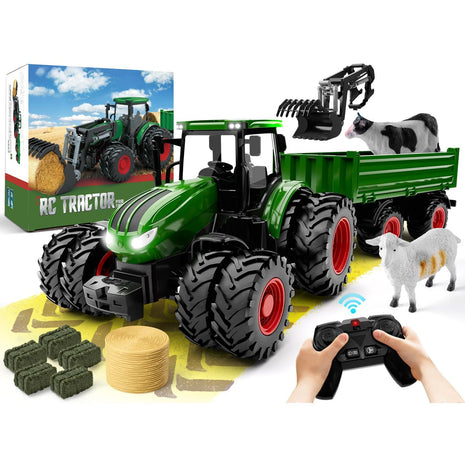 Uarzt Remote Control Tractor Toy with Trailer | Metal Front & Front Loader Farm Vehicle Set with Lights & 8-Wheel Design, RC Tractor Truck for Boys Ages 3-9, Fun Farm Toy Gift for Kids