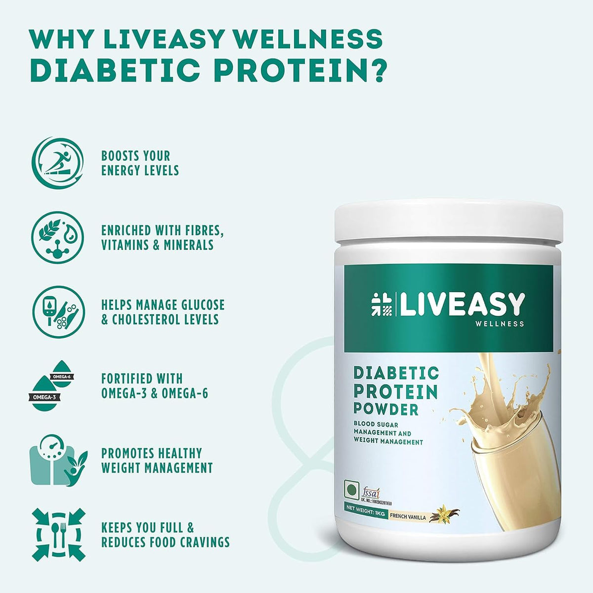 LivEasy Wellness Diabetic Protein | Ensure Your Protein Intake With Our Diabetes Protein Powder | Helps To Control Blood Sugar Levels And Weight Management - 1000 G (Vanilla Flavour)